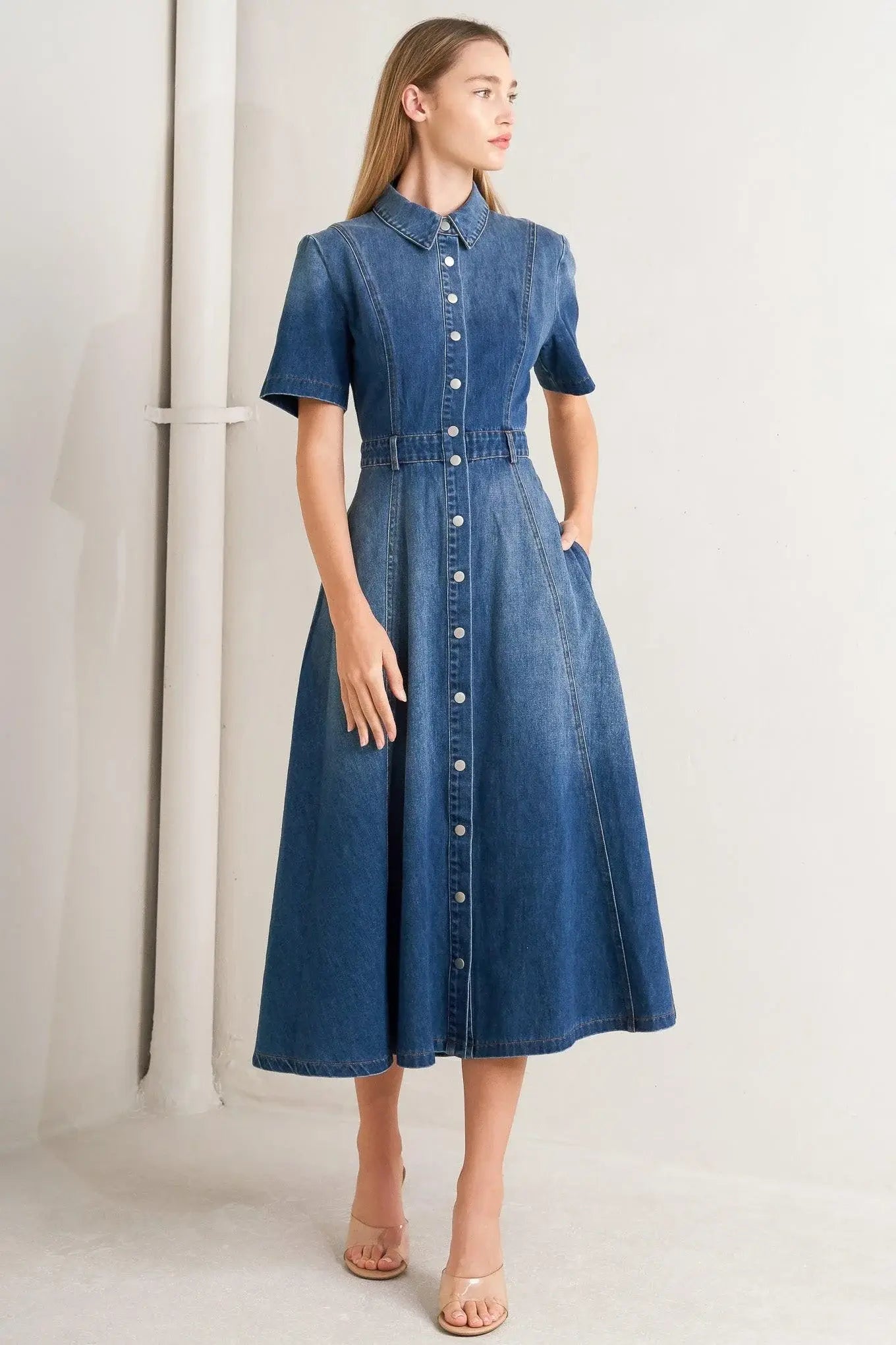 ELEGANT TOUCH DENIM MIDI DRESS - Flying Tomato - Flyclothing LLC