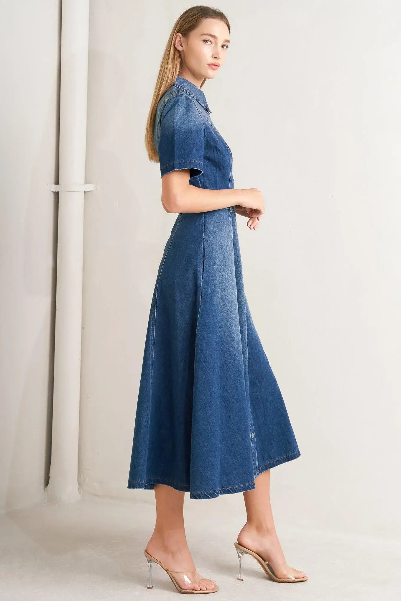 ELEGANT TOUCH DENIM MIDI DRESS - Flying Tomato - Flyclothing LLC