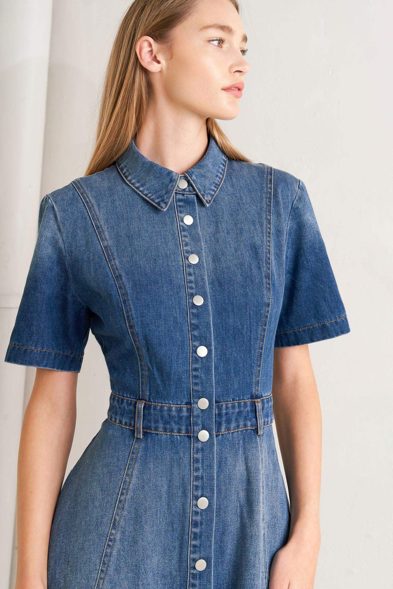 ELEGANT TOUCH DENIM MIDI DRESS - Flying Tomato - Flyclothing LLC