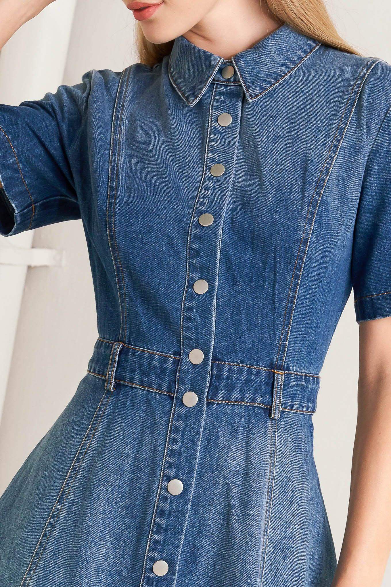 ELEGANT TOUCH DENIM MIDI DRESS - Flying Tomato - Flyclothing LLC
