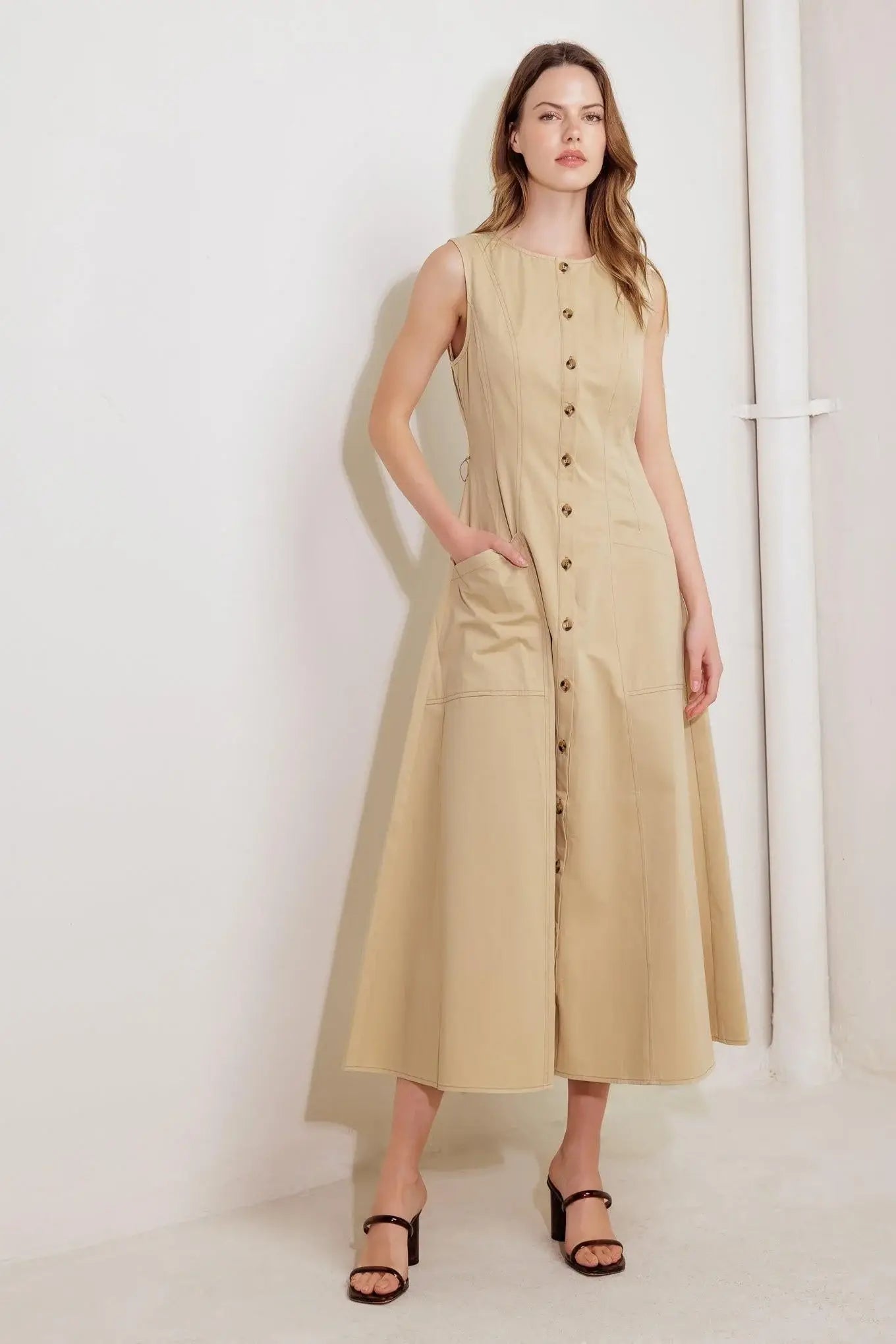 NATURE’S GENTLE SONG BEIGE WOVEN MIDI DRESS - Flying Tomato - Flyclothing LLC
