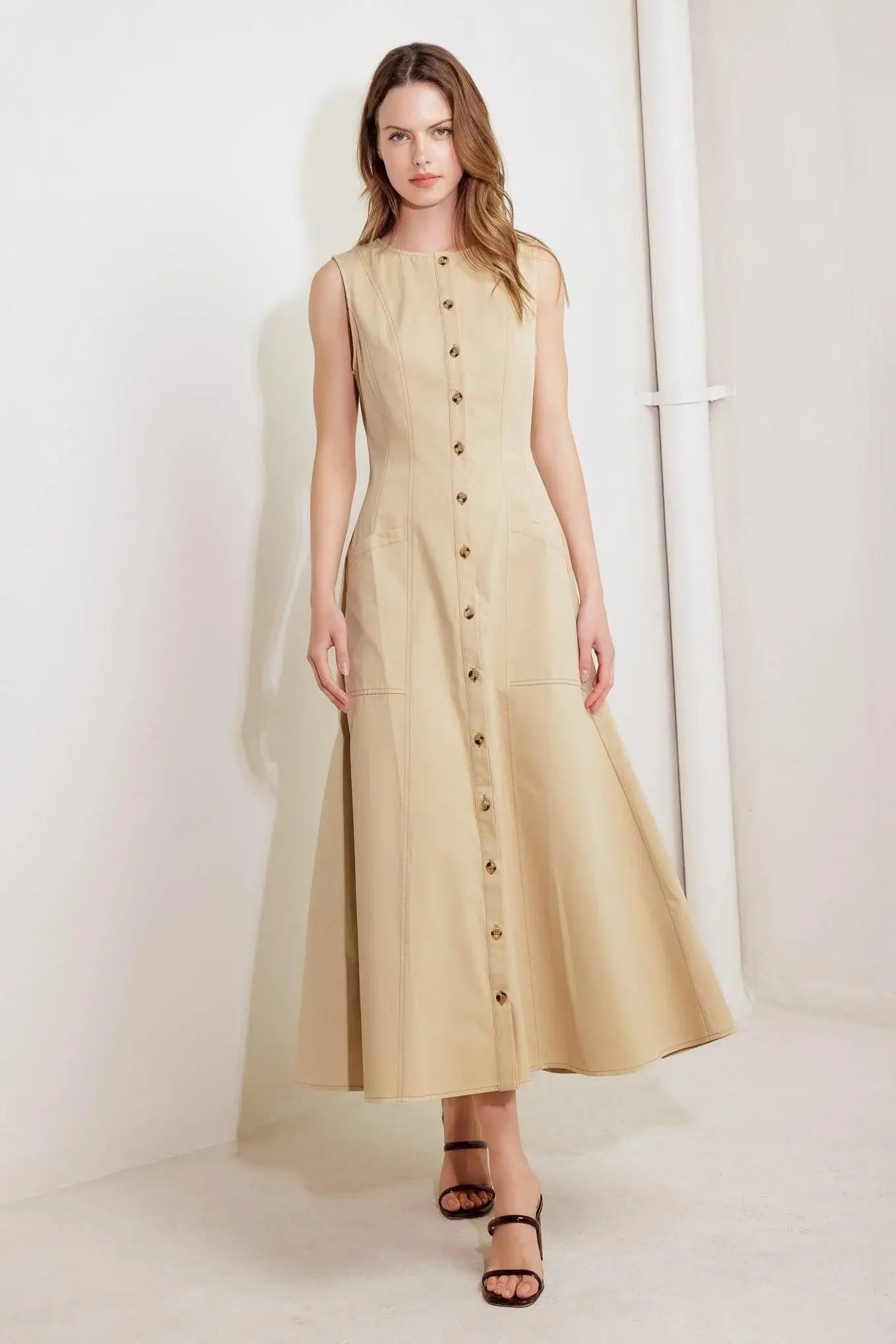 NATURE’S GENTLE SONG BEIGE WOVEN MIDI DRESS - Flying Tomato - Flyclothing LLC