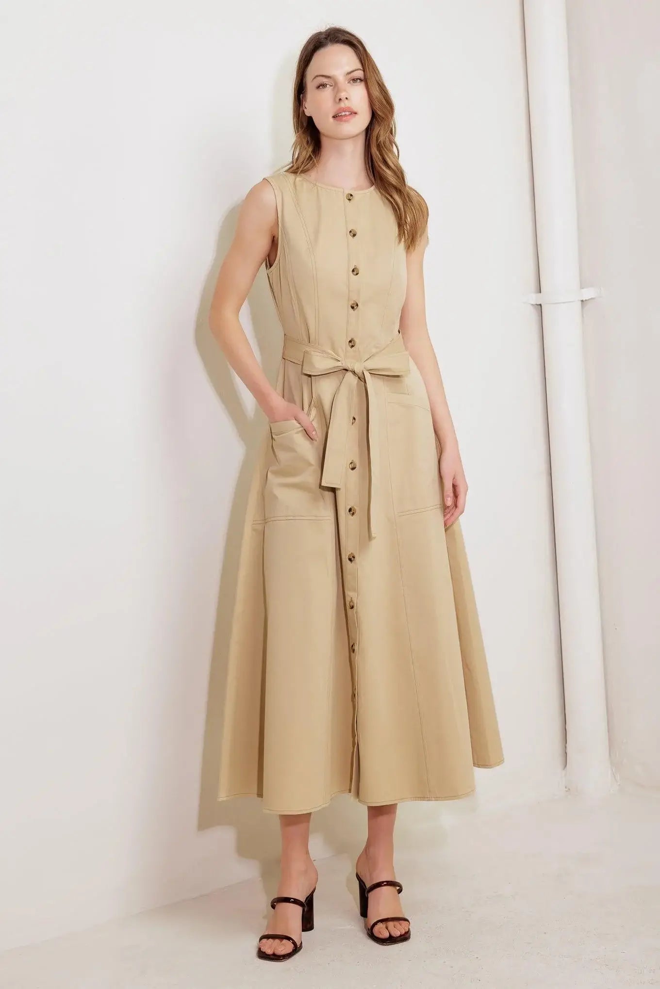 NATURE’S GENTLE SONG BEIGE WOVEN MIDI DRESS - Flying Tomato - Flyclothing LLC