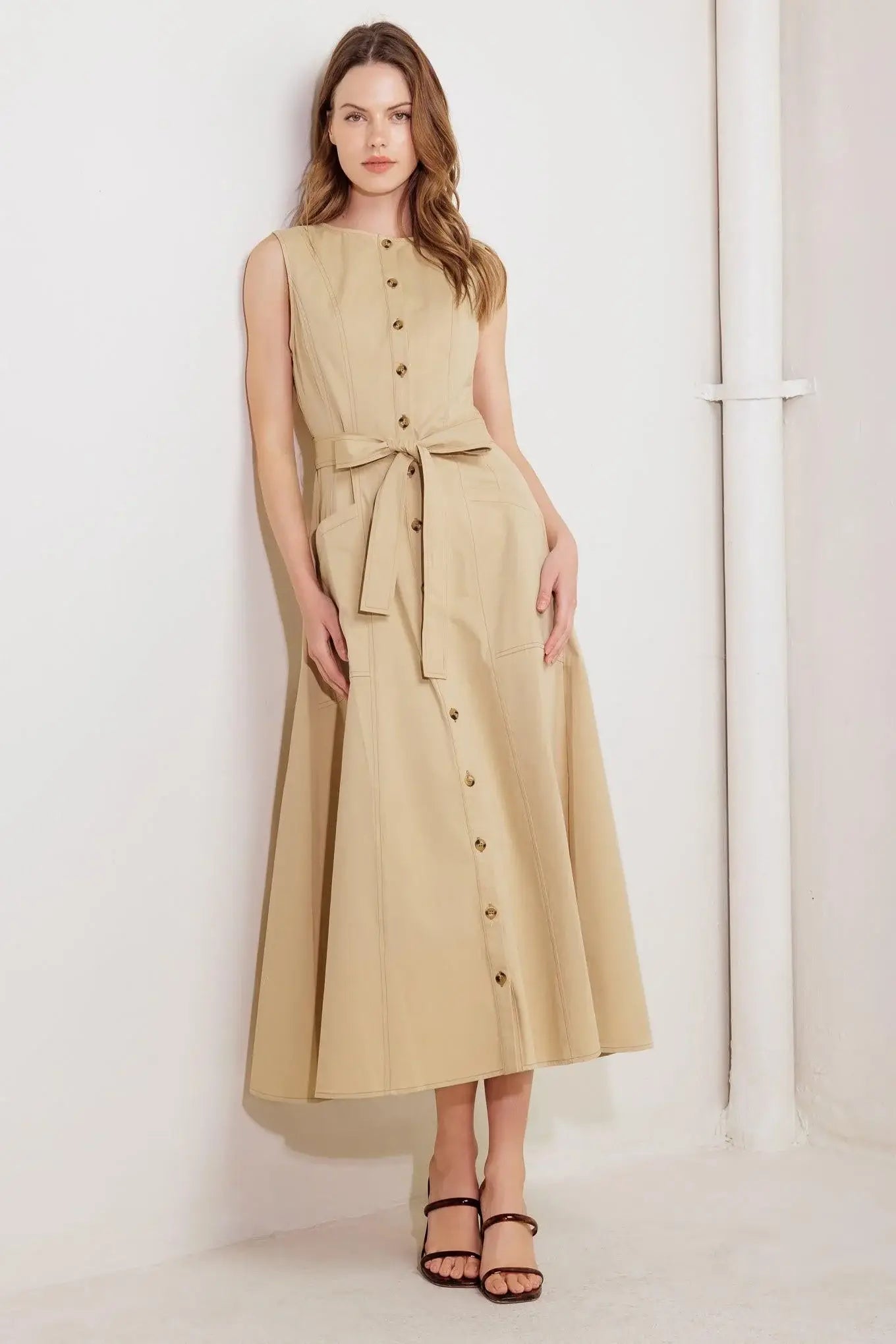 NATURE’S GENTLE SONG BEIGE WOVEN MIDI DRESS - Flying Tomato - Flyclothing LLC
