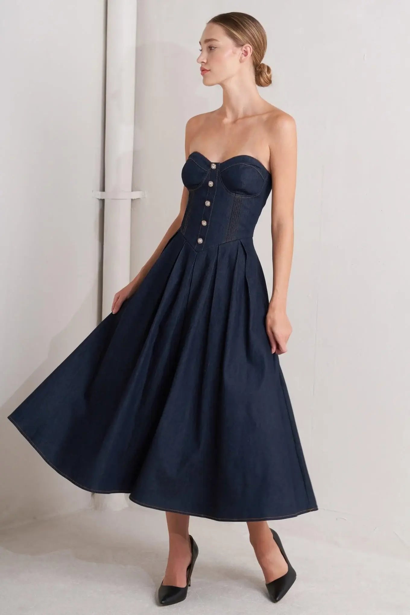 URBAN CORSET DENIM MIDI DRESS - Flying Tomato - Flyclothing LLC
