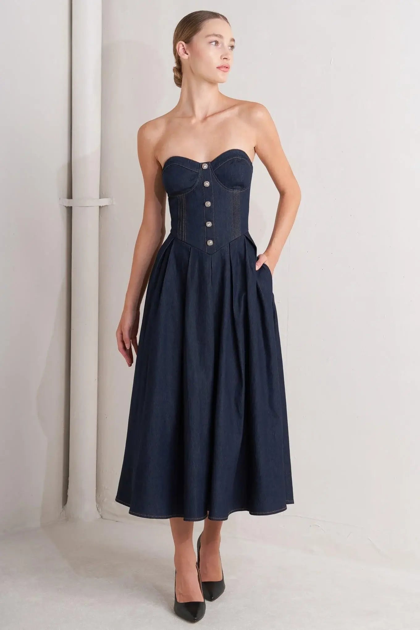URBAN CORSET DENIM MIDI DRESS - Flying Tomato - Flyclothing LLC