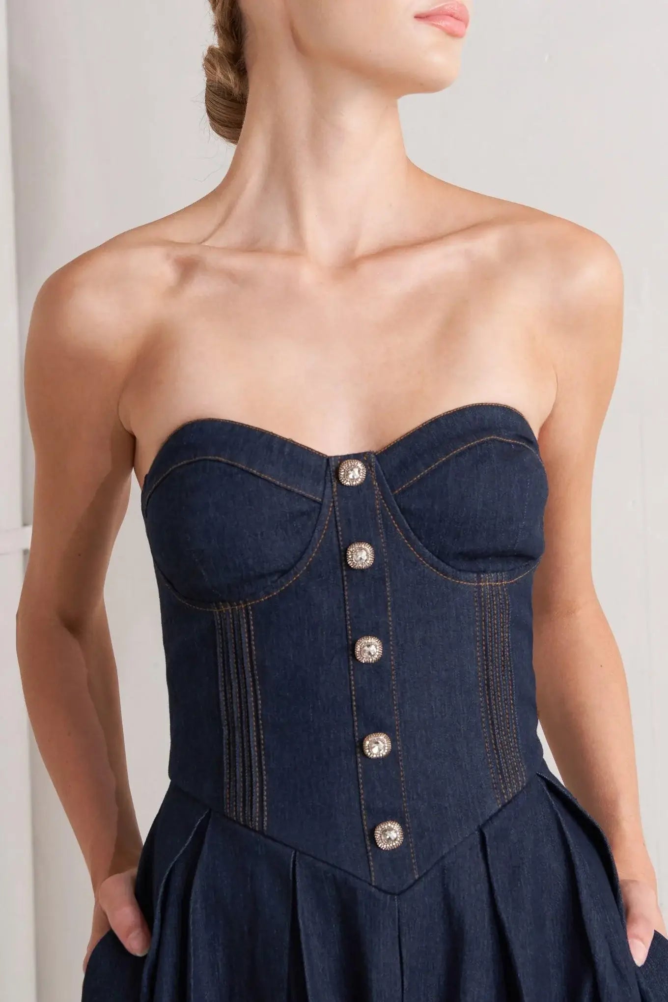 URBAN CORSET DENIM MIDI DRESS - Flying Tomato - Flyclothing LLC