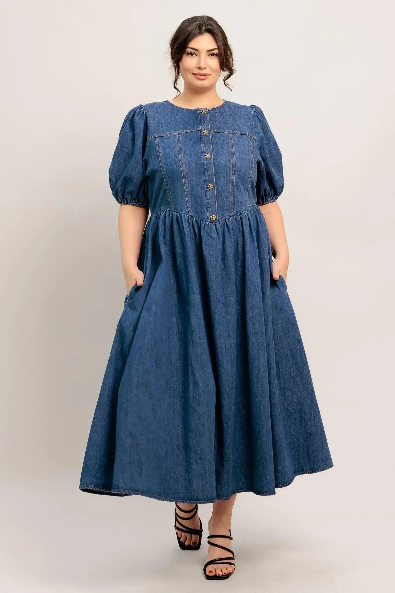 MIDDAY IN BLUE DENIM MIDI DRESS - Flying Tomato - Flyclothing LLC
