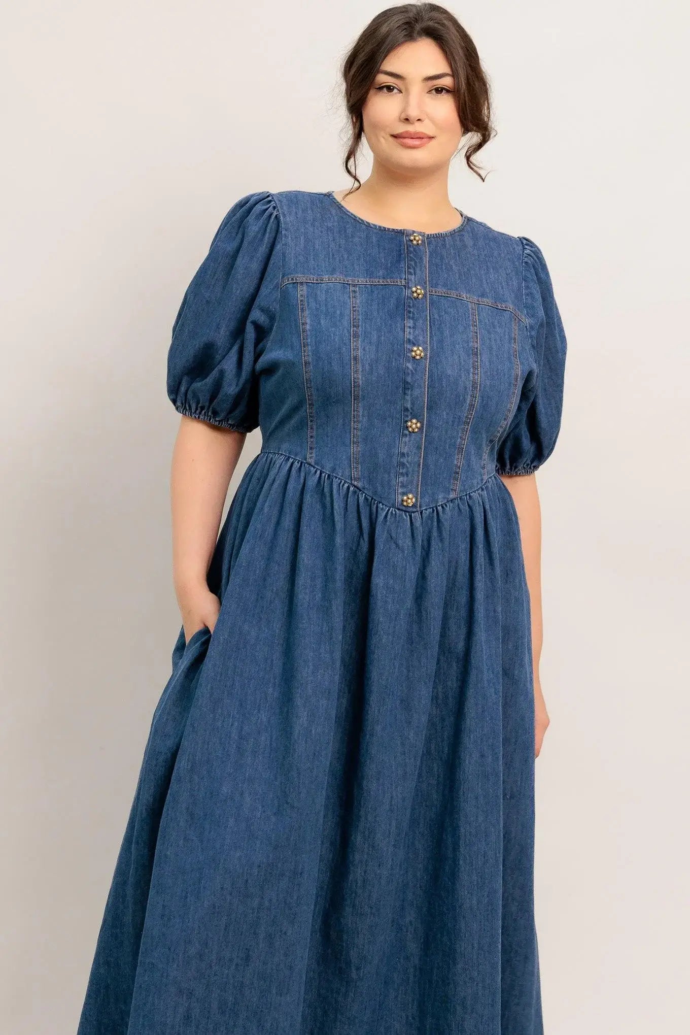MIDDAY IN BLUE DENIM MIDI DRESS - Flying Tomato - Flyclothing LLC