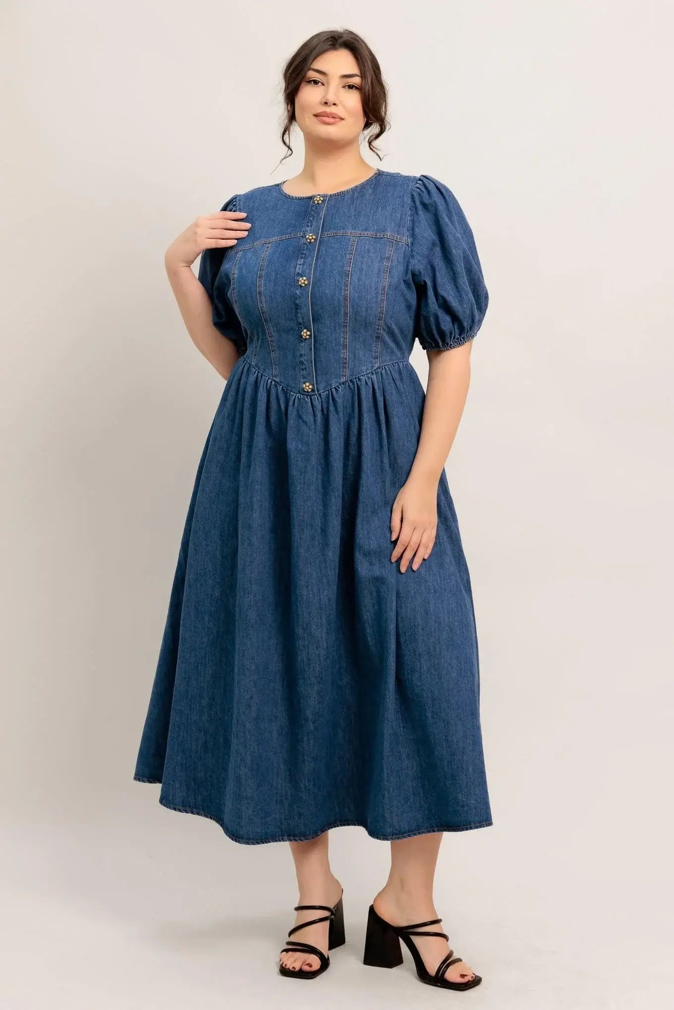 MIDDAY IN BLUE DENIM MIDI DRESS - Flying Tomato - Flyclothing LLC