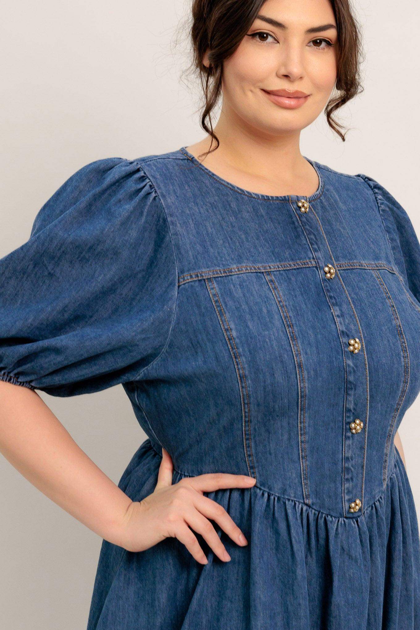 MIDDAY IN BLUE DENIM MIDI DRESS - Flying Tomato - Flyclothing LLC
