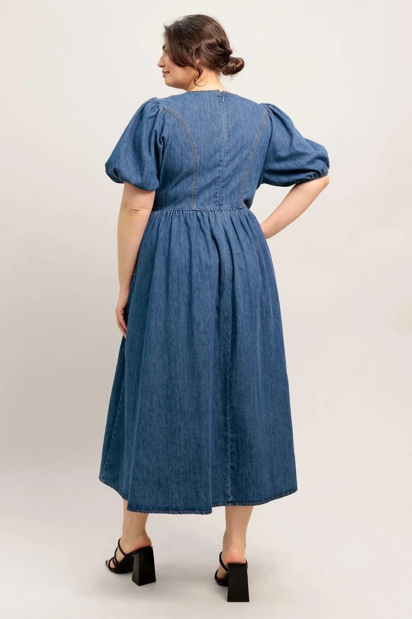 MIDDAY IN BLUE DENIM MIDI DRESS - Flying Tomato - Flyclothing LLC