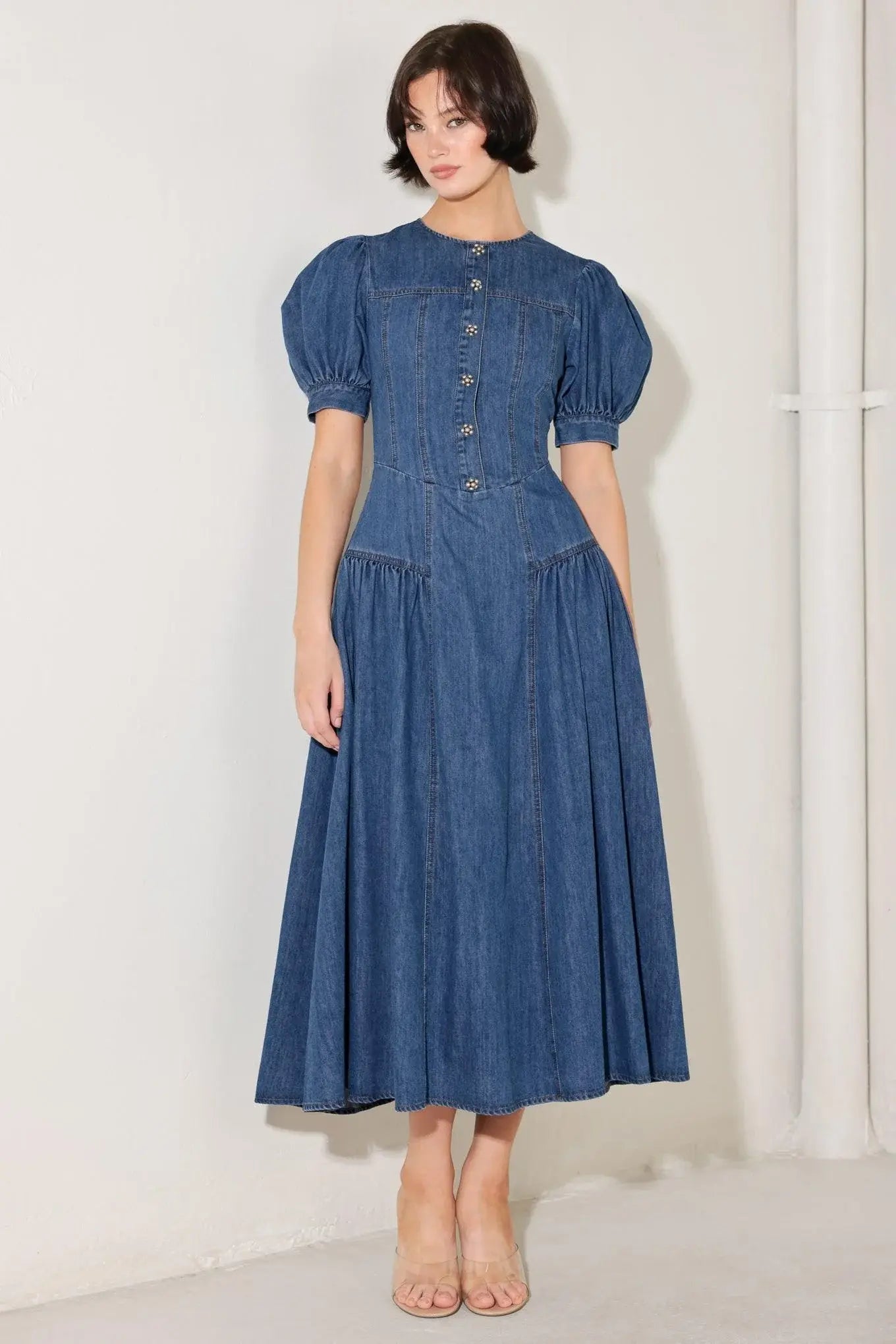 MIDDAY IN BLUE DENIM MIDI DRESS - Flying Tomato - Flyclothing LLC