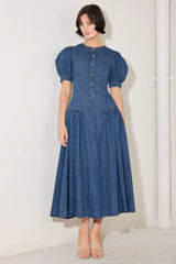 MIDDAY IN BLUE DENIM MIDI DRESS - Flying Tomato - Flyclothing LLC