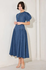 MIDDAY IN BLUE DENIM MIDI DRESS - Flying Tomato - Flyclothing LLC