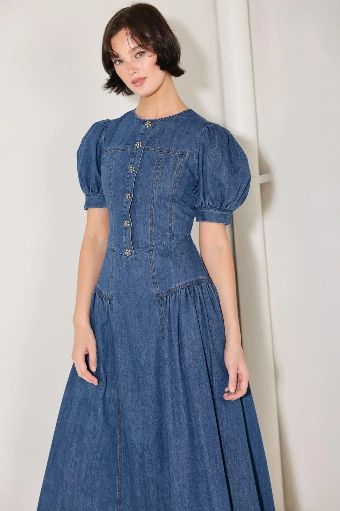 MIDDAY IN BLUE DENIM MIDI DRESS - Flying Tomato - Flyclothing LLC