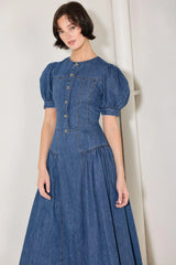 MIDDAY IN BLUE DENIM MIDI DRESS - Flying Tomato - Flyclothing LLC