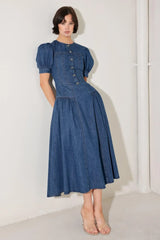 MIDDAY IN BLUE DENIM MIDI DRESS - Flying Tomato - Flyclothing LLC