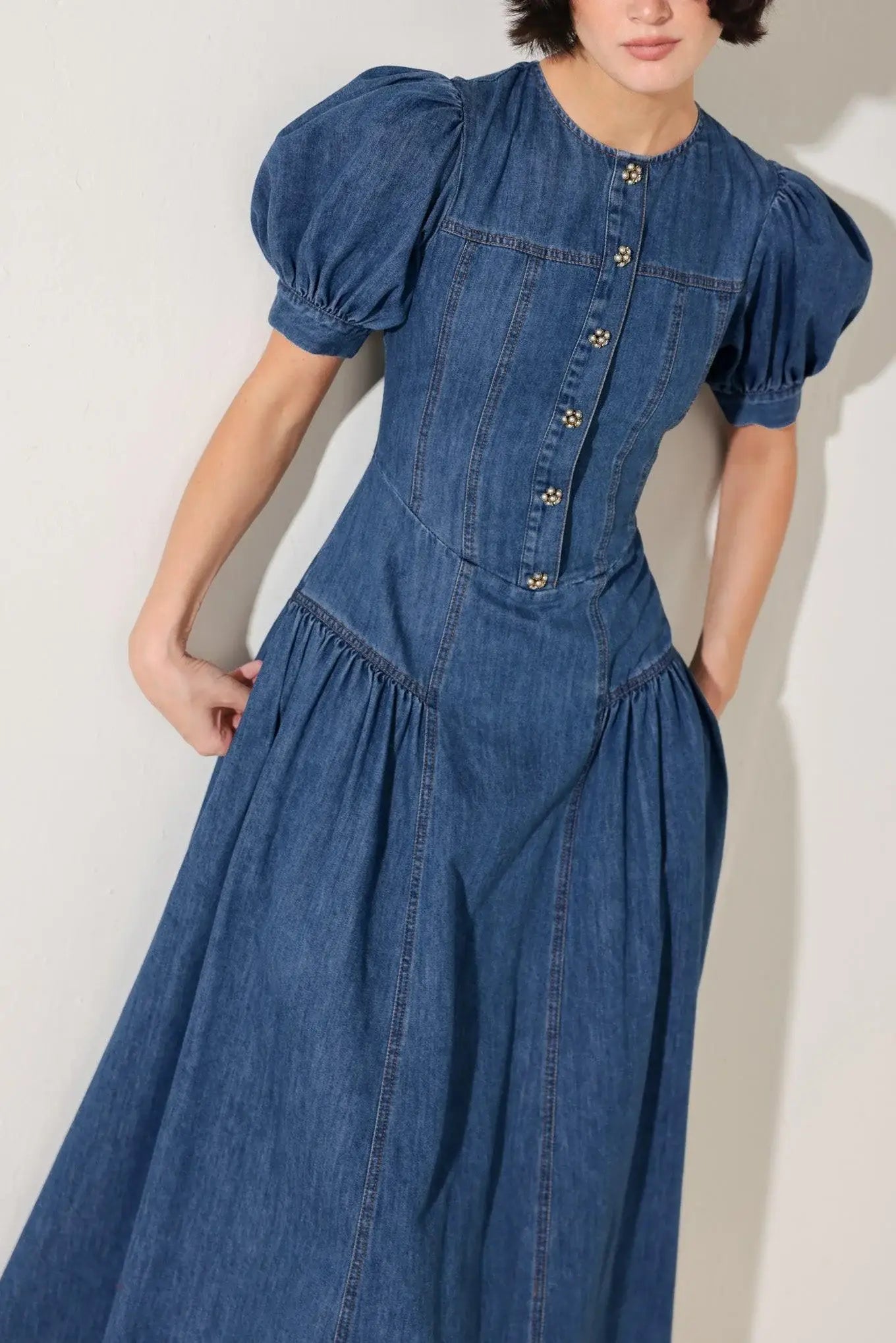 MIDDAY IN BLUE DENIM MIDI DRESS - Flying Tomato - Flyclothing LLC
