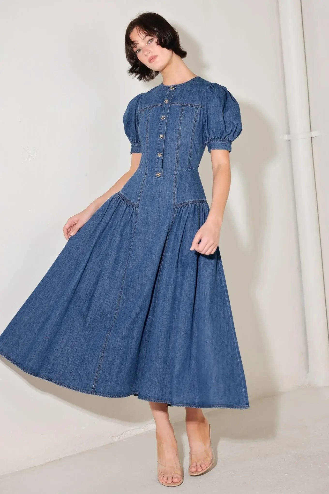 MIDDAY IN BLUE DENIM MIDI DRESS - Flying Tomato - Flyclothing LLC
