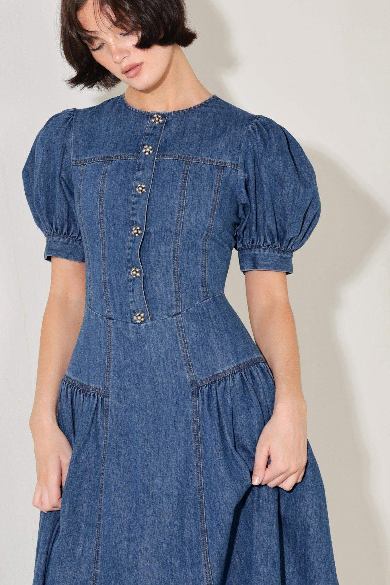 MIDDAY IN BLUE DENIM MIDI DRESS - Flying Tomato - Flyclothing LLC