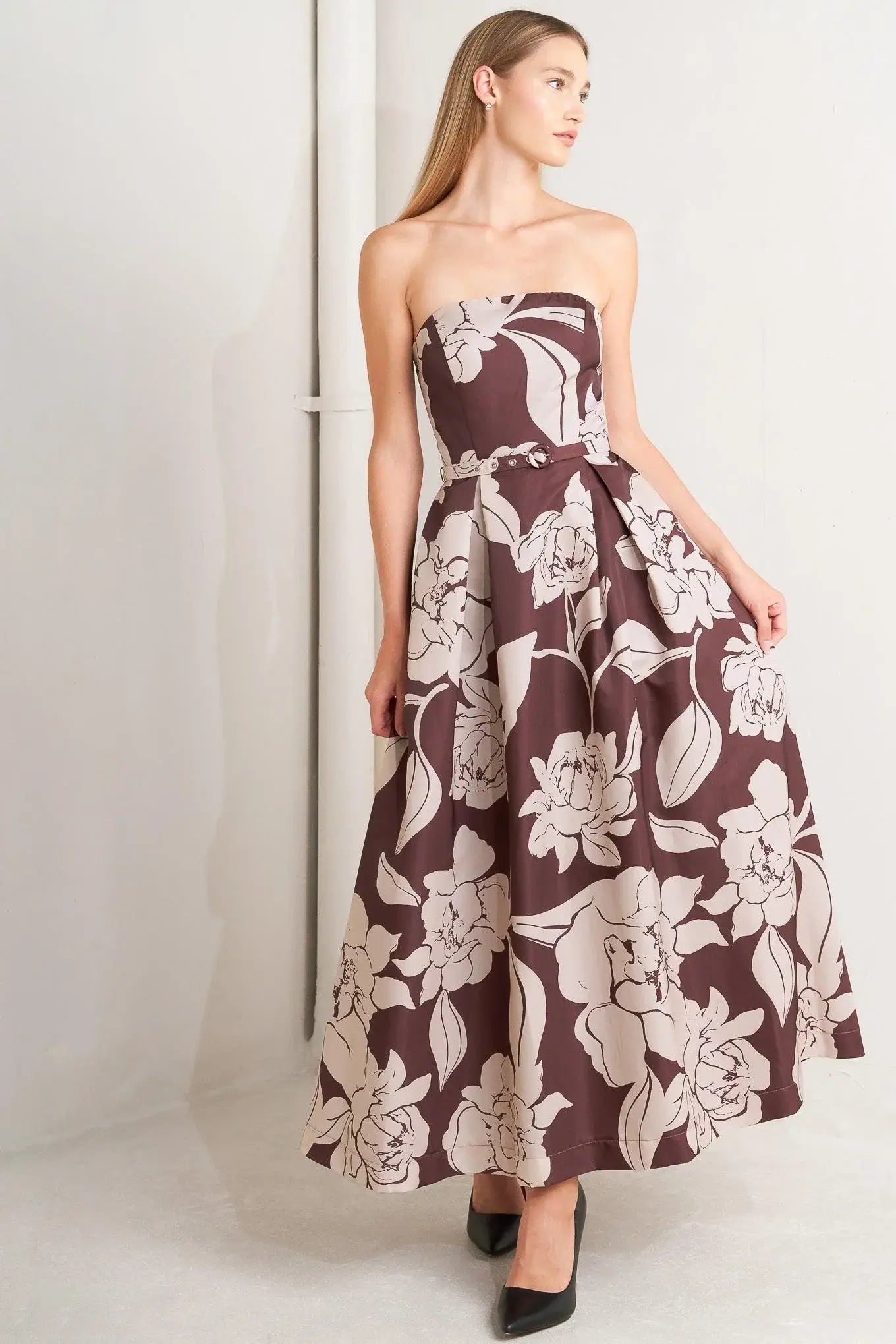 VINTAGE BLOOM STRAPLESS WOVEN MIDI DRESS - Flying Tomato - Flyclothing LLC