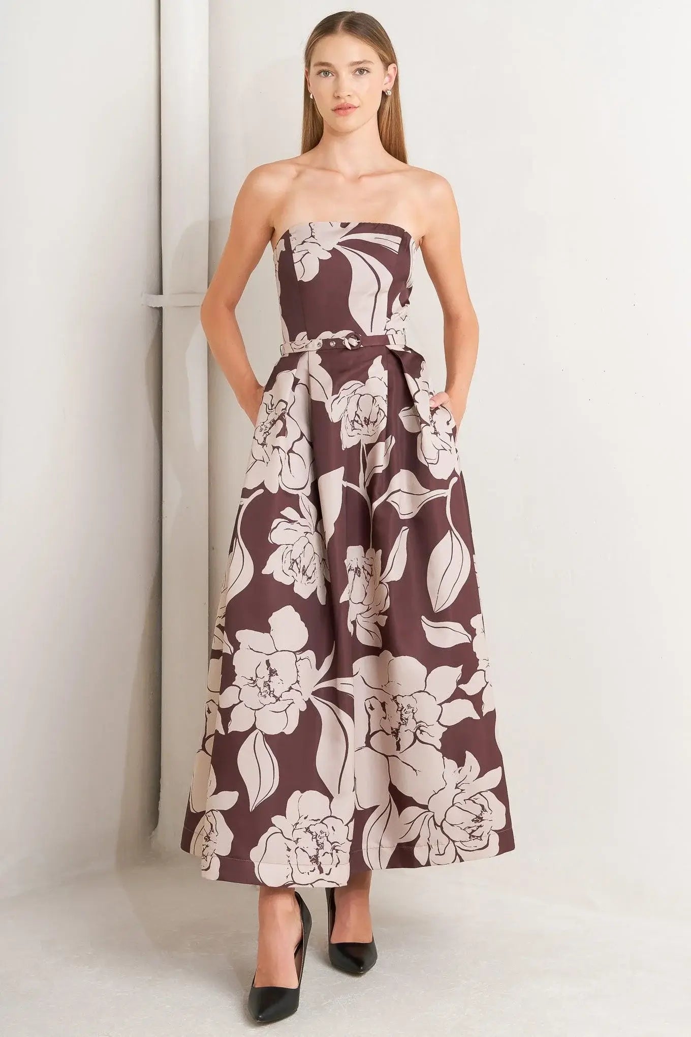 VINTAGE BLOOM STRAPLESS WOVEN MIDI DRESS - Flying Tomato - Flyclothing LLC