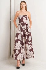VINTAGE BLOOM STRAPLESS WOVEN MIDI DRESS - Flying Tomato - Flyclothing LLC