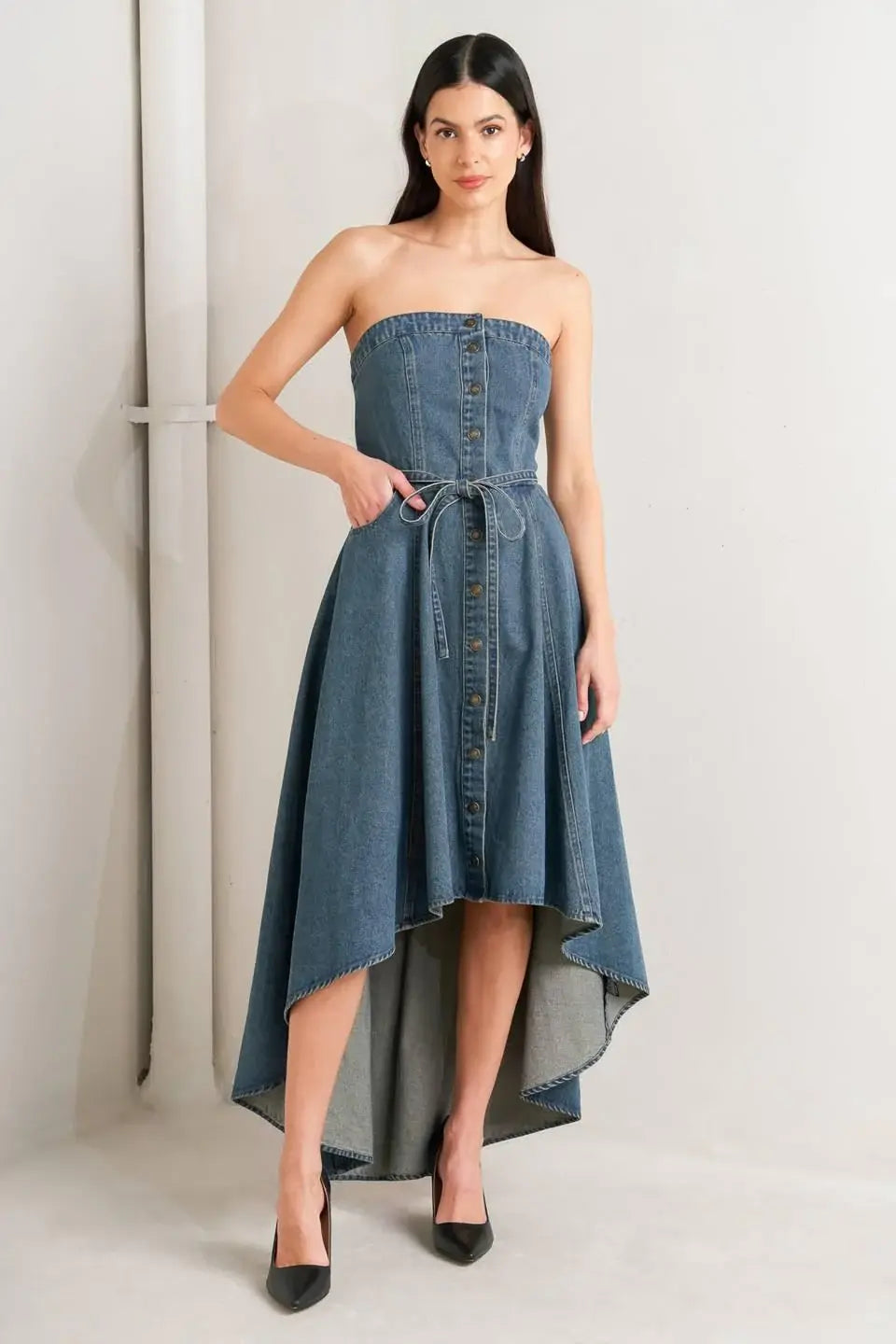 MIDNIGHT VOLUME DENIM MIDI DRESS - Flying Tomato - Flyclothing LLC