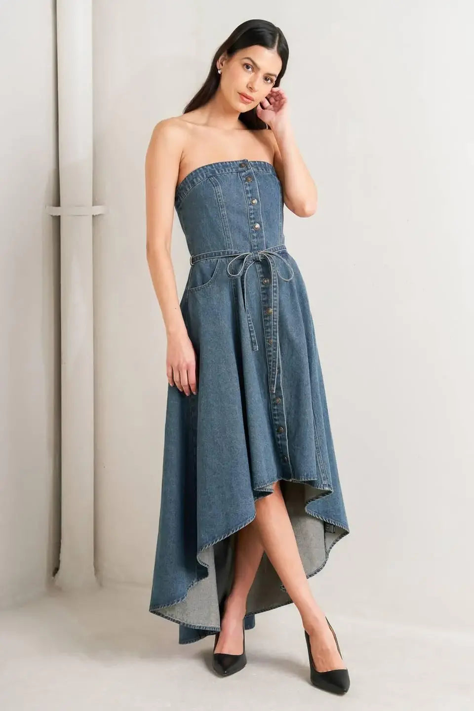 MIDNIGHT VOLUME DENIM MIDI DRESS - Flying Tomato - Flyclothing LLC