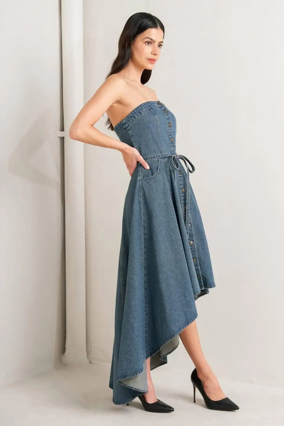 MIDNIGHT VOLUME DENIM MIDI DRESS - Flying Tomato - Flyclothing LLC