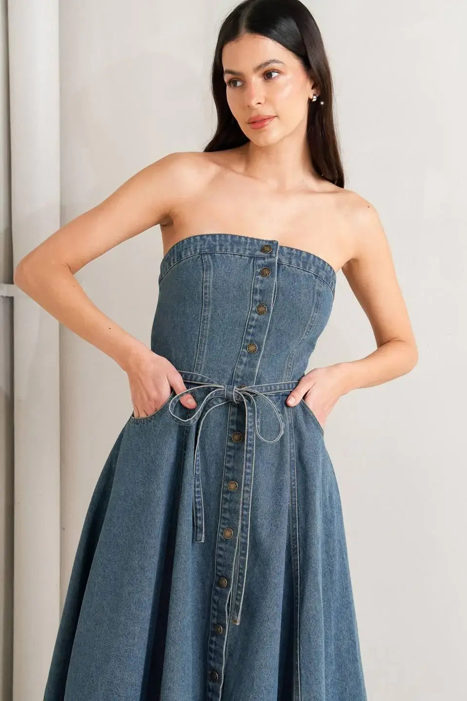 MIDNIGHT VOLUME DENIM MIDI DRESS - Flying Tomato - Flyclothing LLC