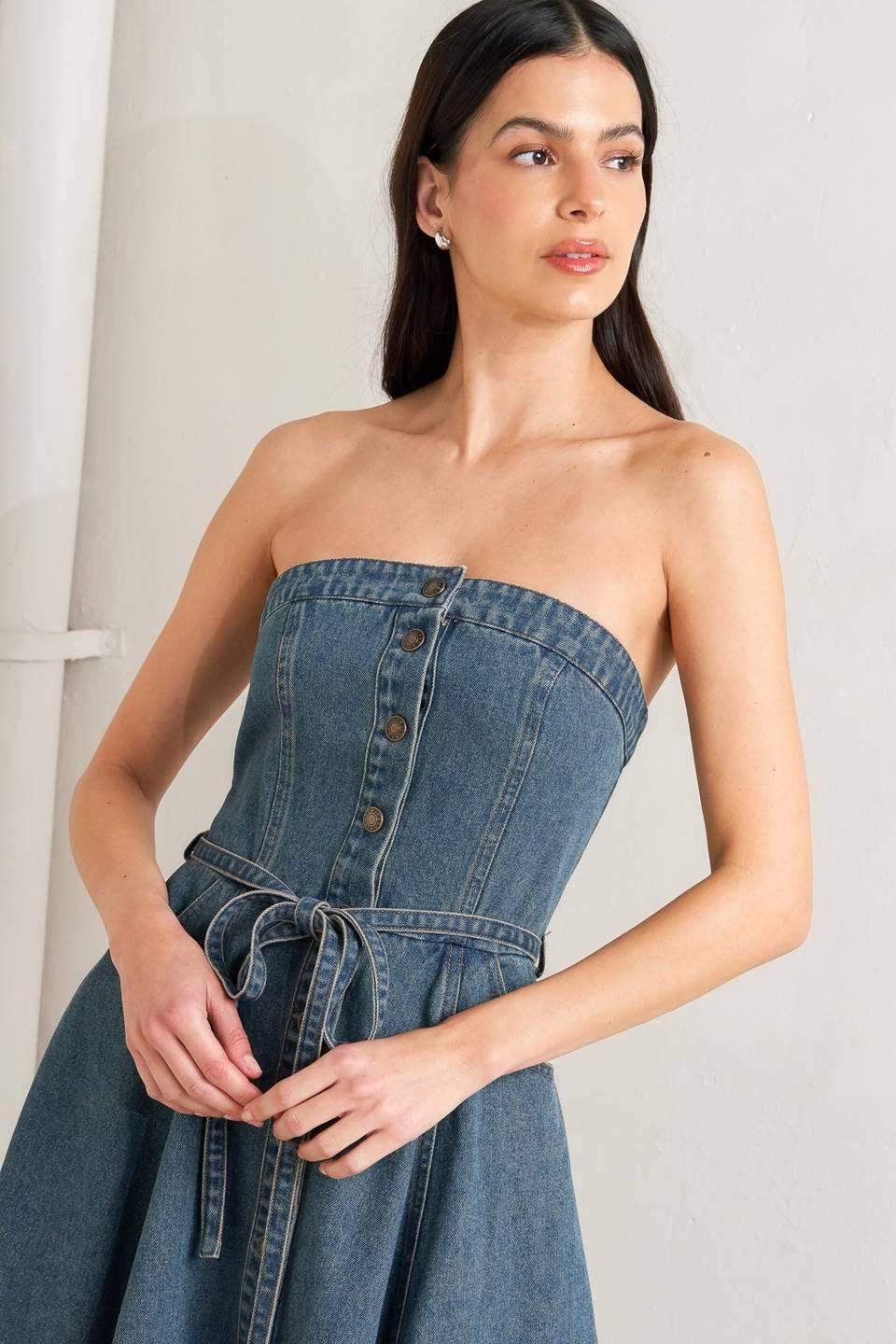 MIDNIGHT VOLUME DENIM MIDI DRESS - Flying Tomato - Flyclothing LLC