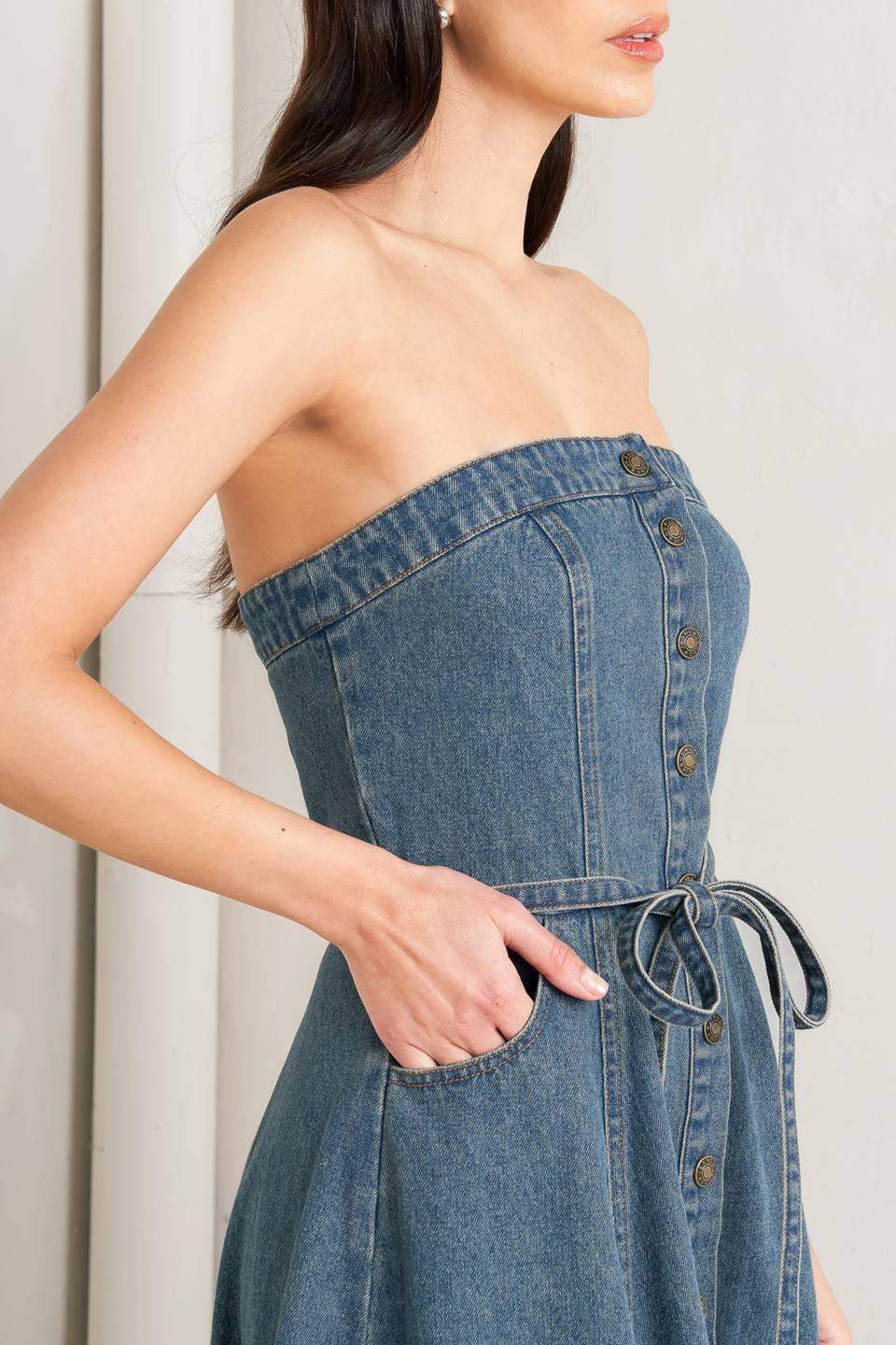 MIDNIGHT VOLUME DENIM MIDI DRESS - Flying Tomato - Flyclothing LLC