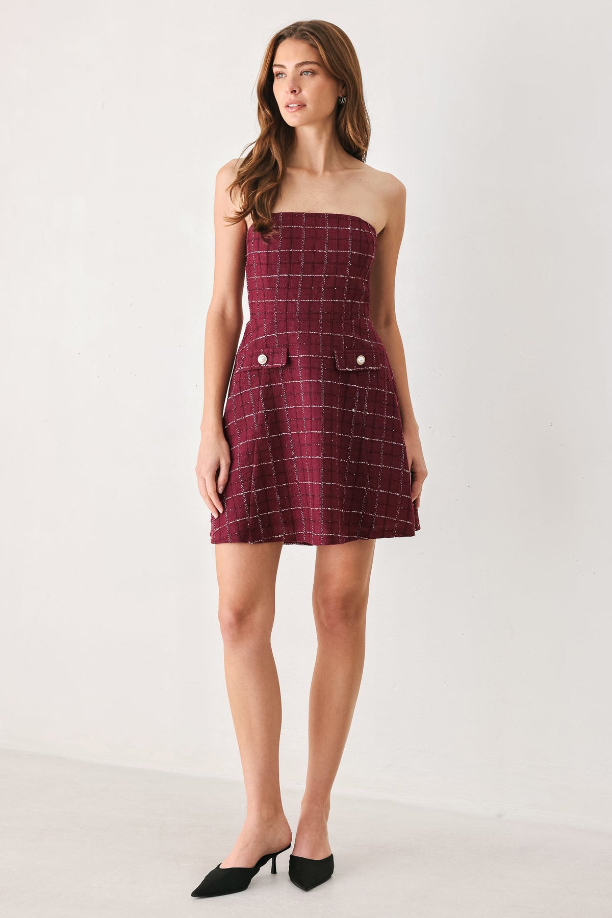 TWEED DOLL WINE WOVEN MINI DRESS - Flying Tomato - Flyclothing LLC
