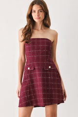 TWEED DOLL WINE WOVEN MINI DRESS - Flying Tomato - Flyclothing LLC