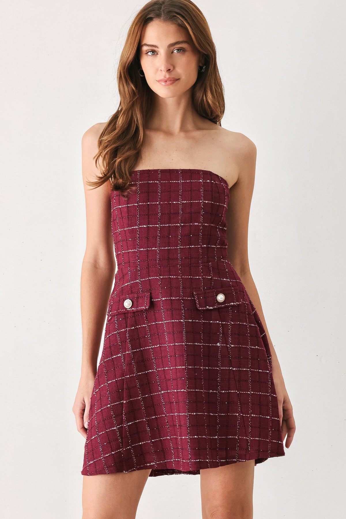 TWEED DOLL WINE WOVEN MINI DRESS - Flying Tomato - Flyclothing LLC