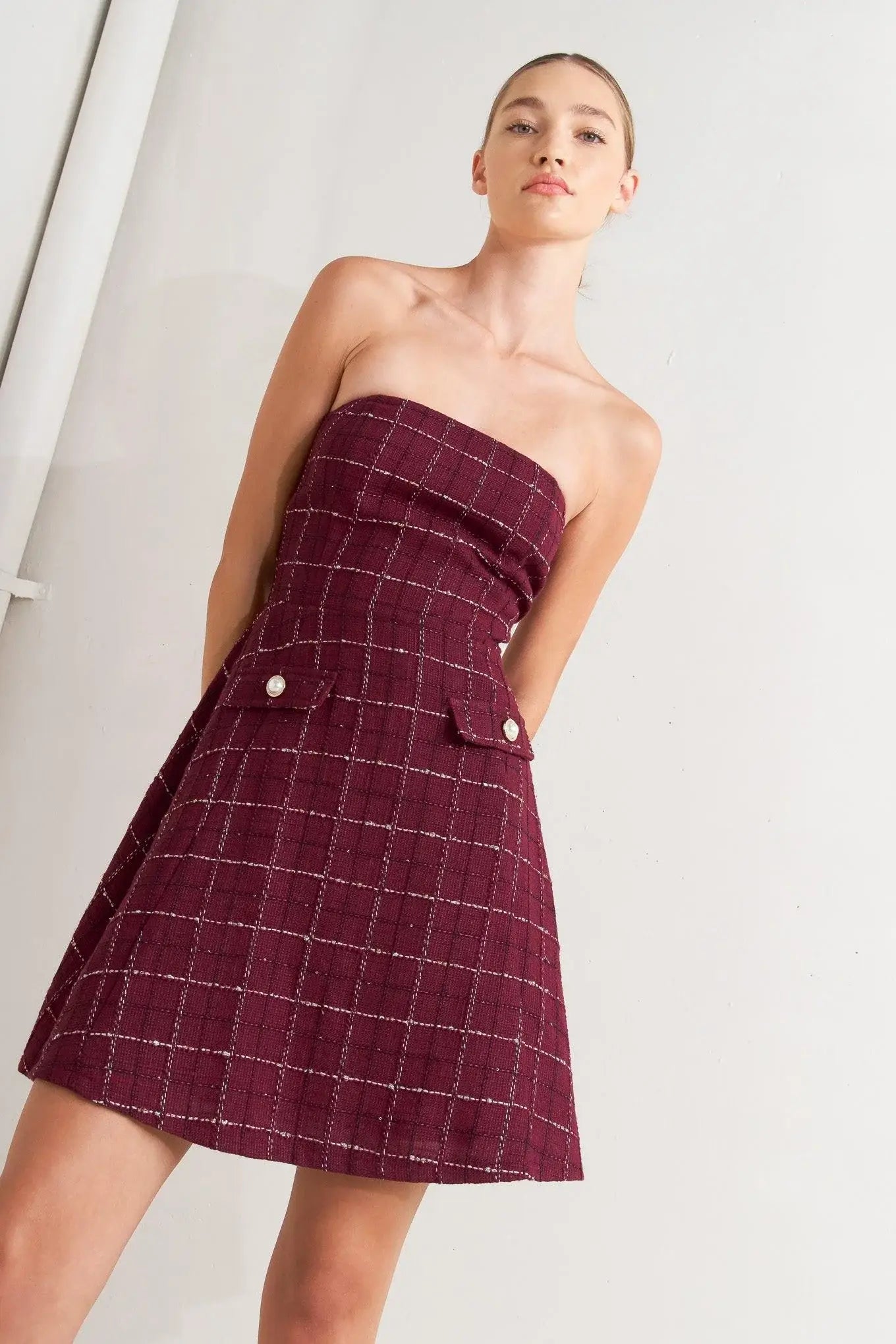 TWEED DOLL WINE WOVEN MINI DRESS - Flying Tomato - Flyclothing LLC