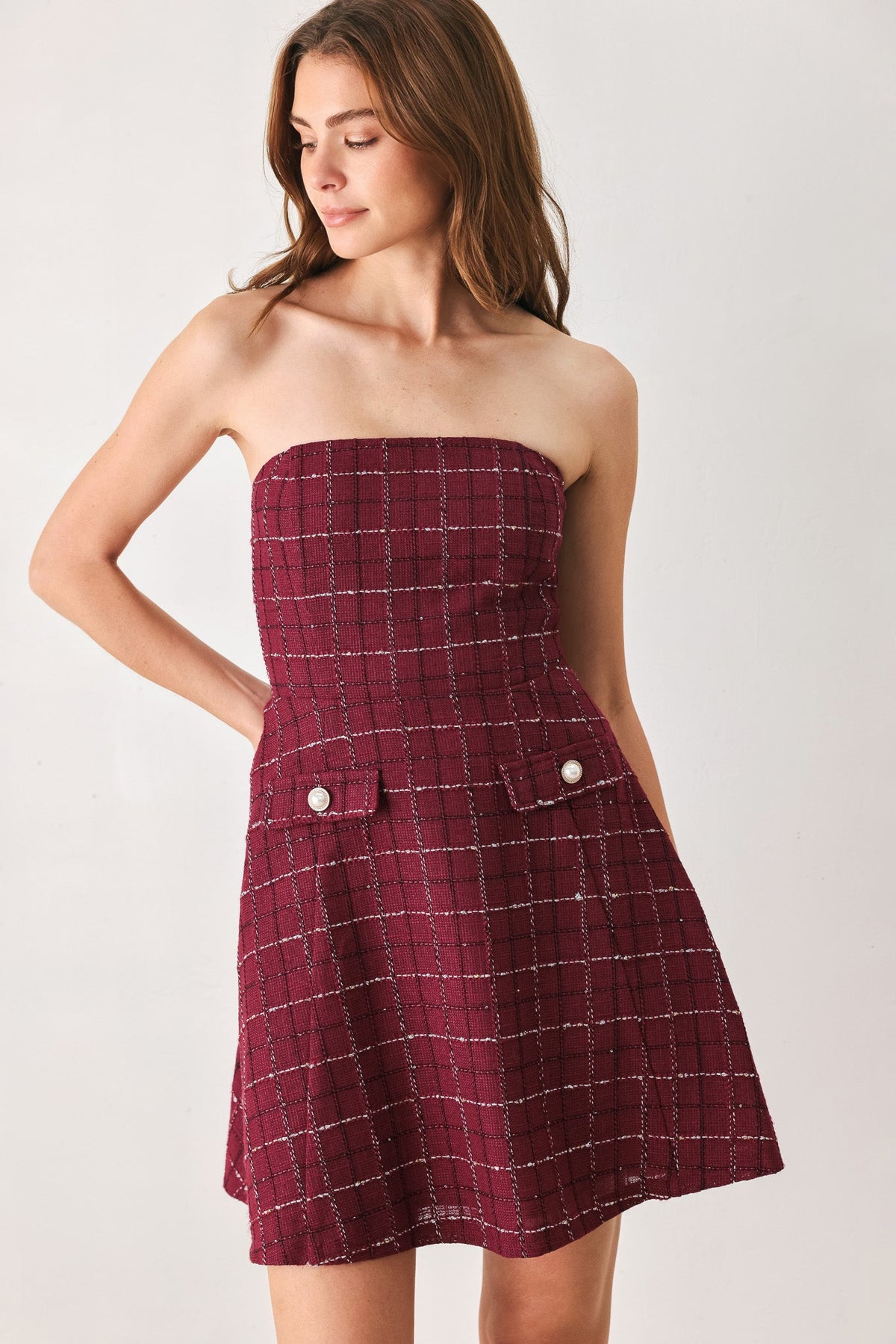 TWEED DOLL WINE WOVEN MINI DRESS - Flying Tomato - Flyclothing LLC