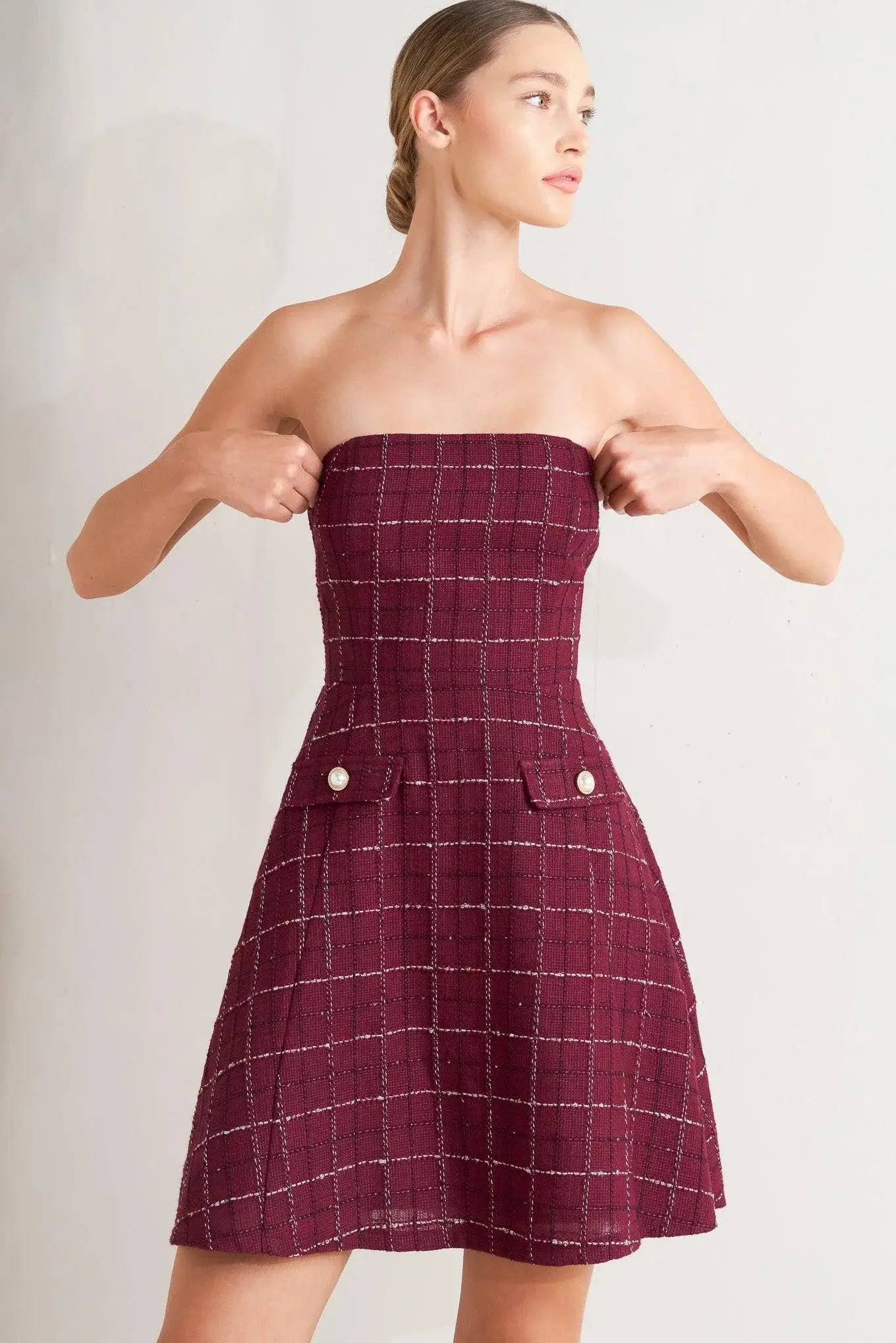 TWEED DOLL WINE WOVEN MINI DRESS - Flying Tomato - Flyclothing LLC