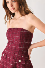 TWEED DOLL WINE WOVEN MINI DRESS - Flying Tomato - Flyclothing LLC