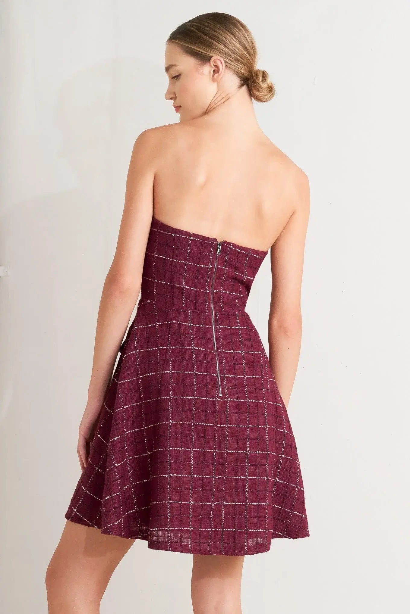 TWEED DOLL WINE WOVEN MINI DRESS - Flying Tomato - Flyclothing LLC