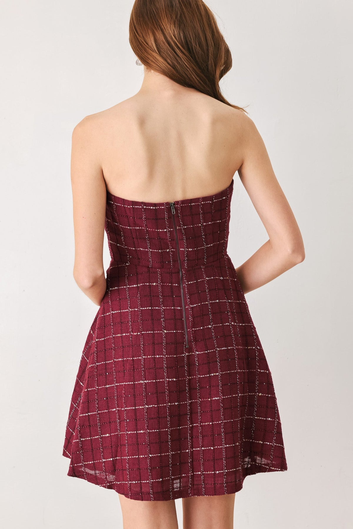 TWEED DOLL WINE WOVEN MINI DRESS - Flying Tomato - Flyclothing LLC