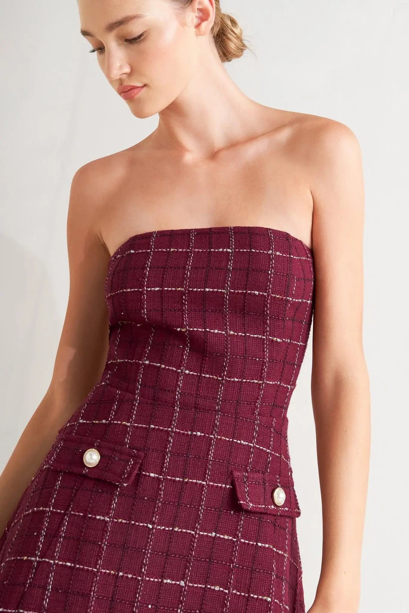 TWEED DOLL WINE WOVEN MINI DRESS - Flying Tomato - Flyclothing LLC