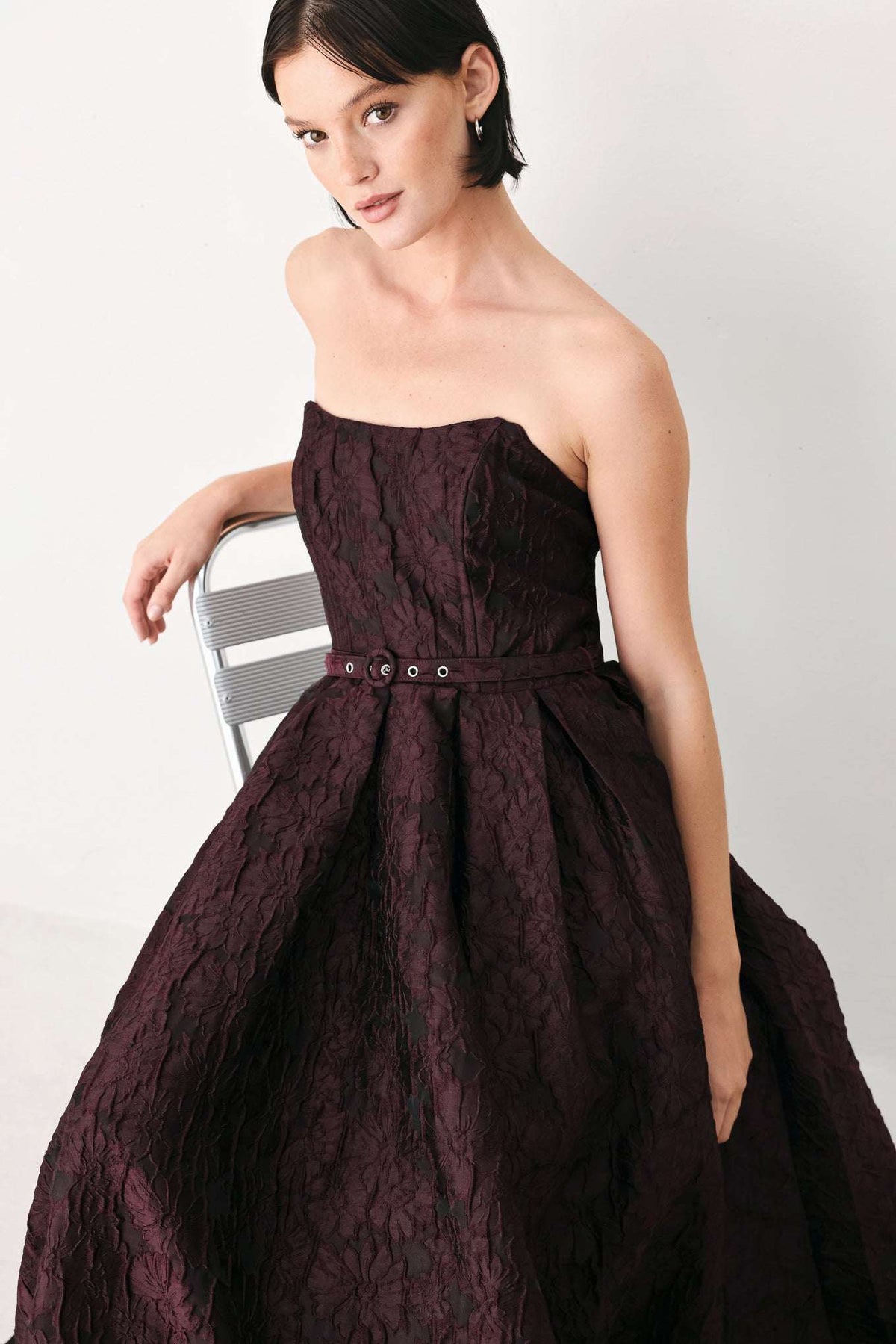 BURGUNDY COUTURE SWAY WOVEN MIDI DRESS - Flying Tomato - Flyclothing LLC