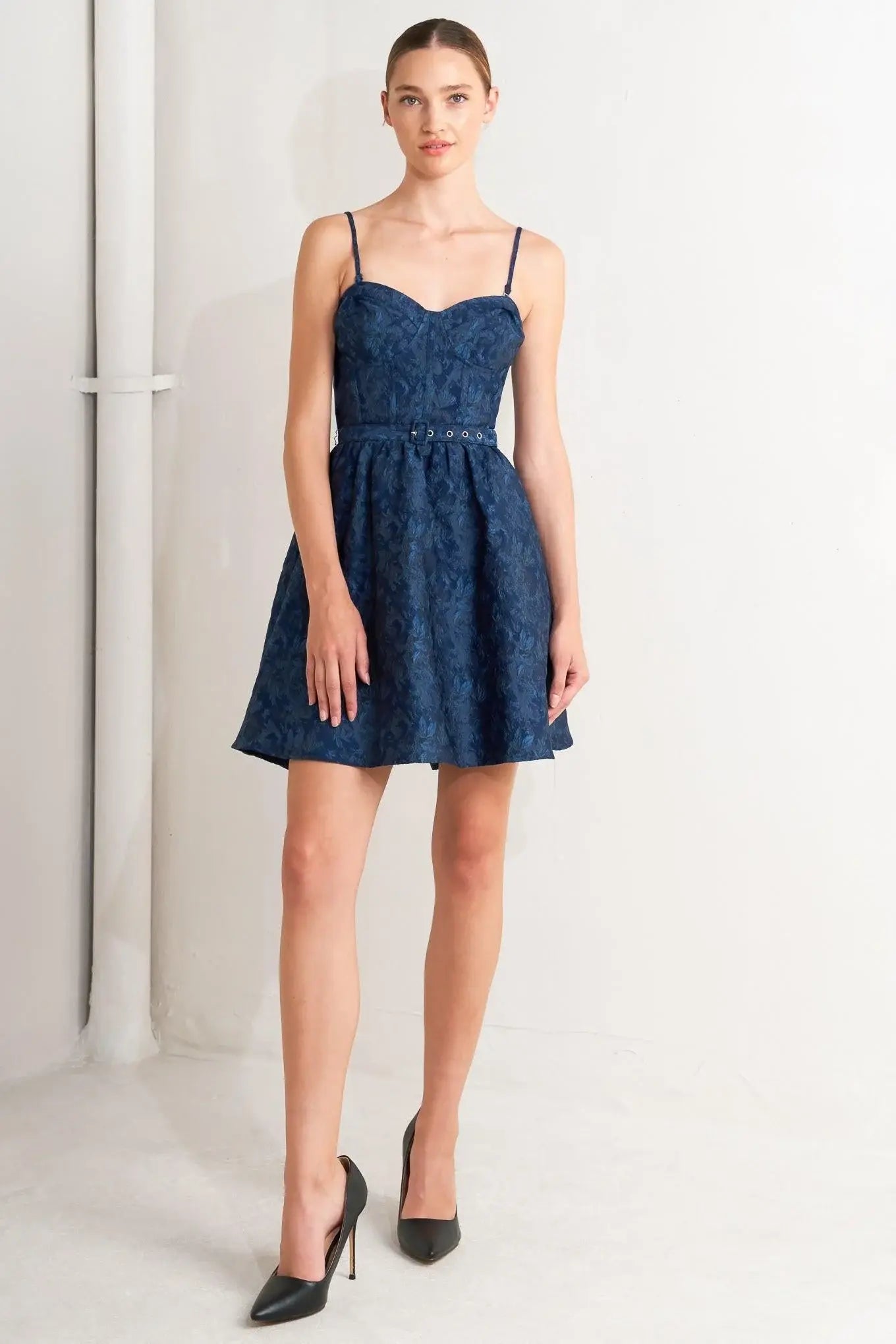NAVY ROMANCE WOVEN JACQUARD MINI DRESS - Flying Tomato - Flyclothing LLC