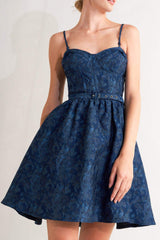 NAVY ROMANCE WOVEN JACQUARD MINI DRESS - Flying Tomato - Flyclothing LLC