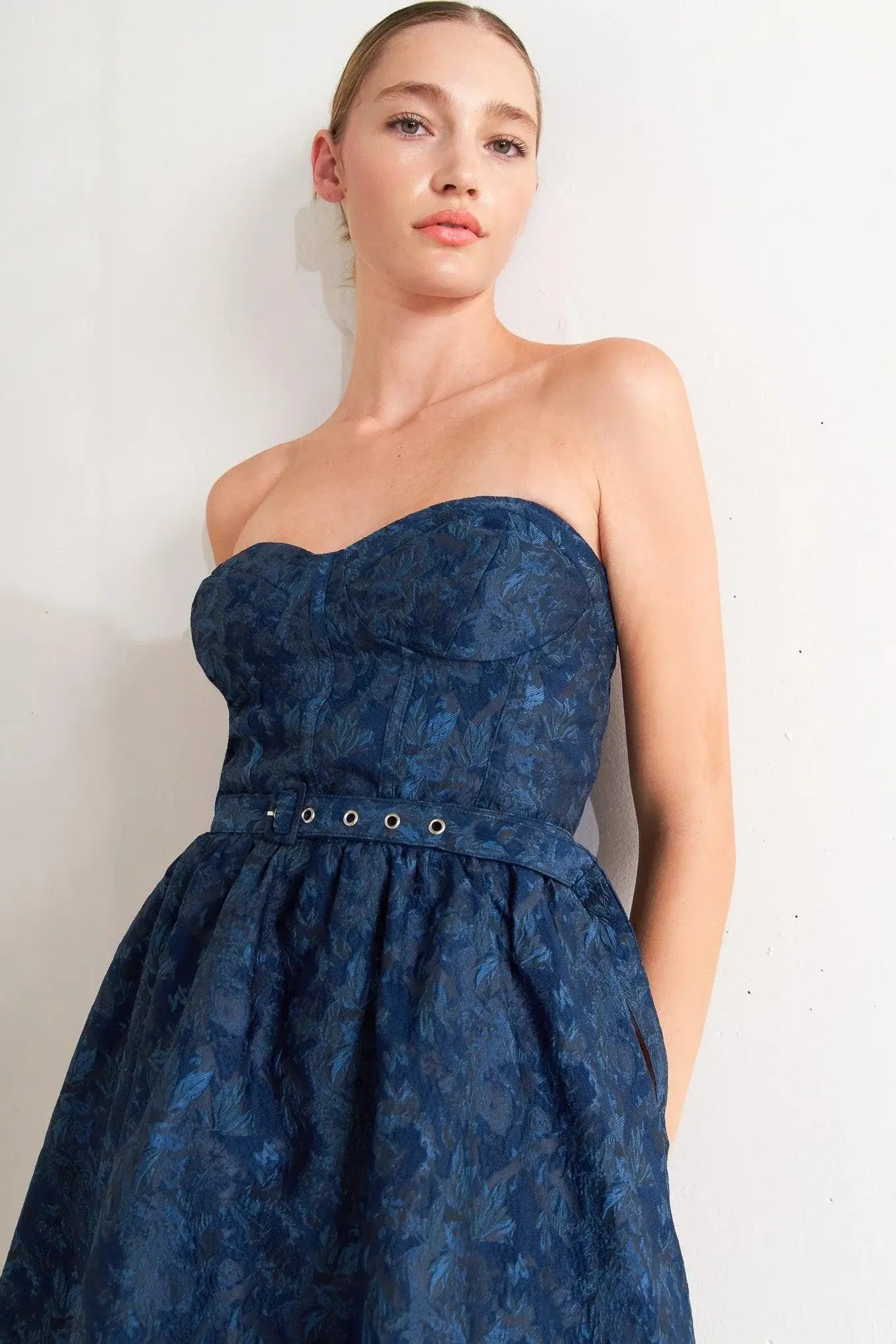NAVY ROMANCE WOVEN JACQUARD MINI DRESS - Flying Tomato - Flyclothing LLC