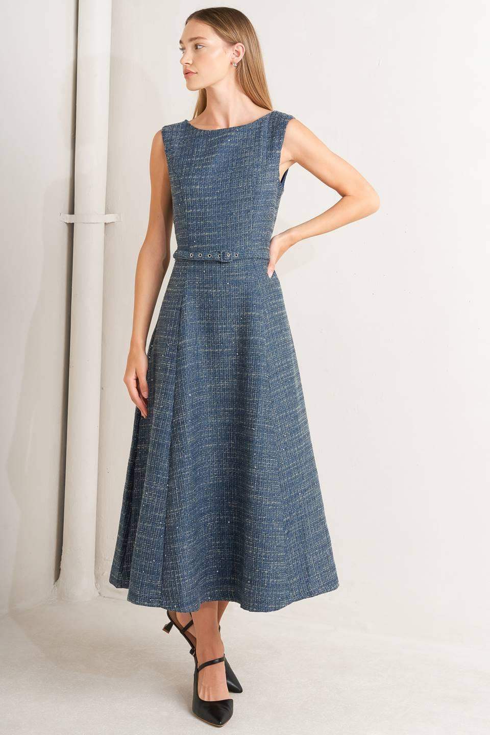 VINTAGE VIBE BOUCLÉ WOVEN TWEED MIDI DRESS - Flying Tomato - Flyclothing LLC