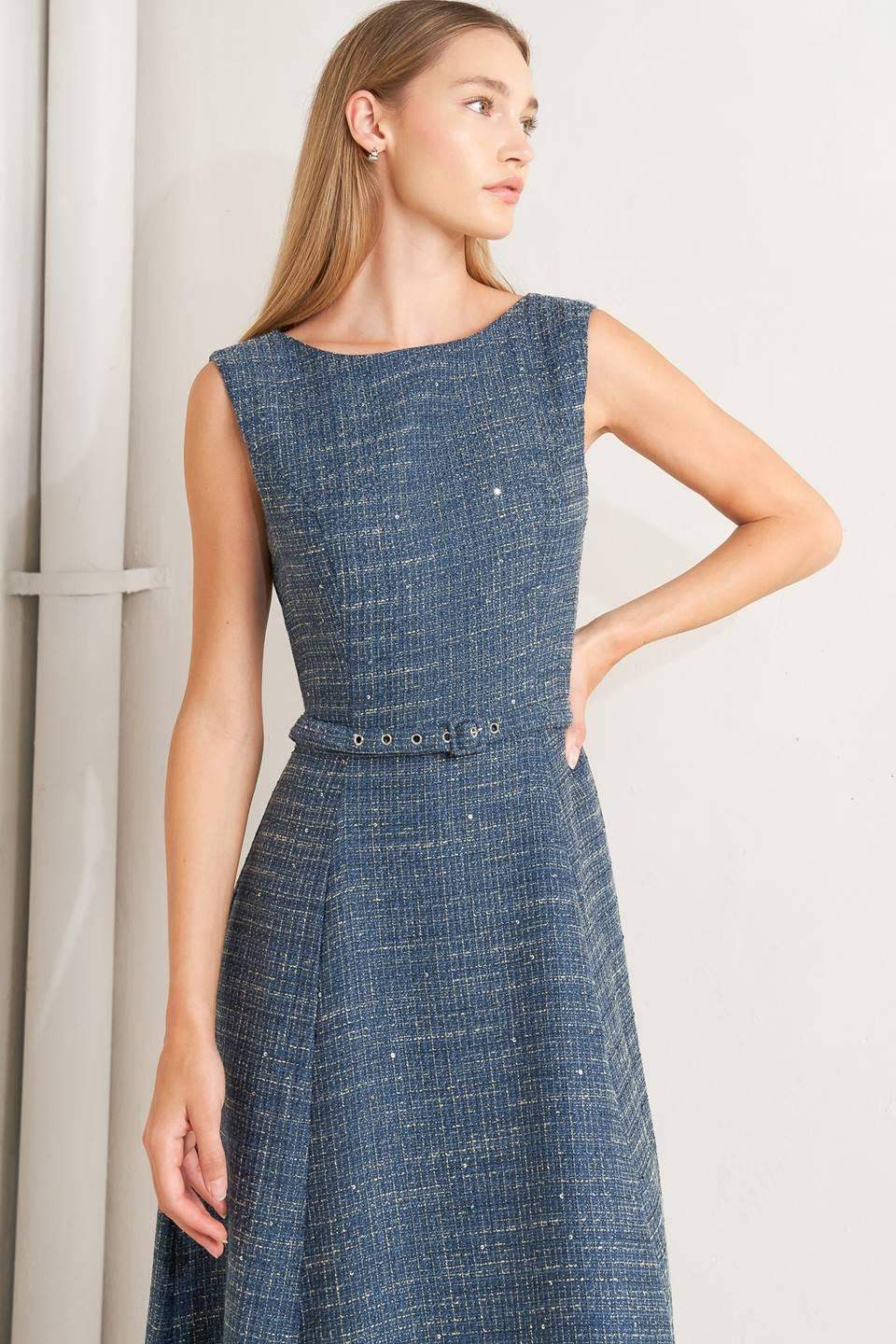 VINTAGE VIBE BOUCLÉ WOVEN TWEED MIDI DRESS - Flying Tomato - Flyclothing LLC